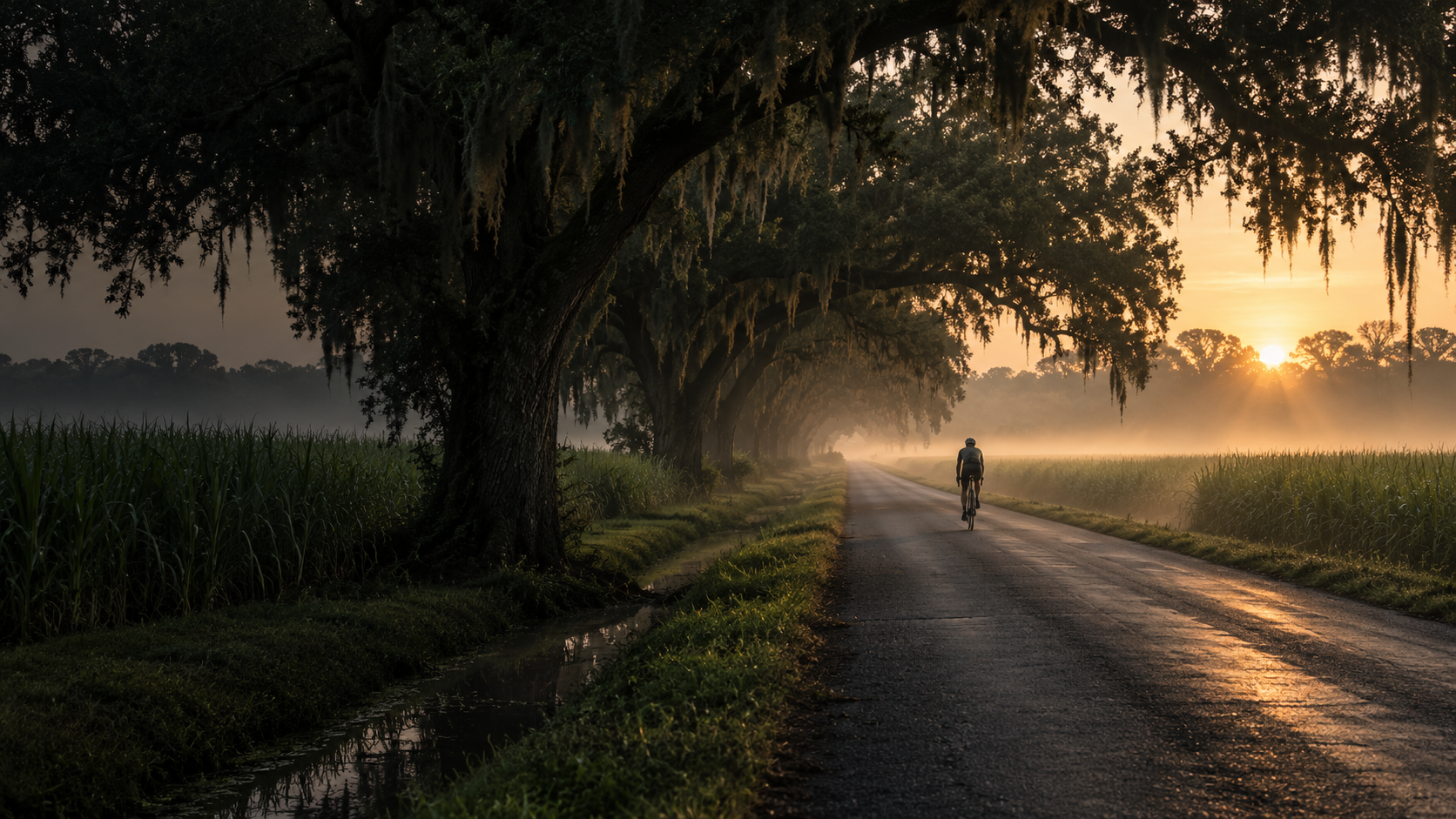 A cyclist on a South Louisiana road at sunrise