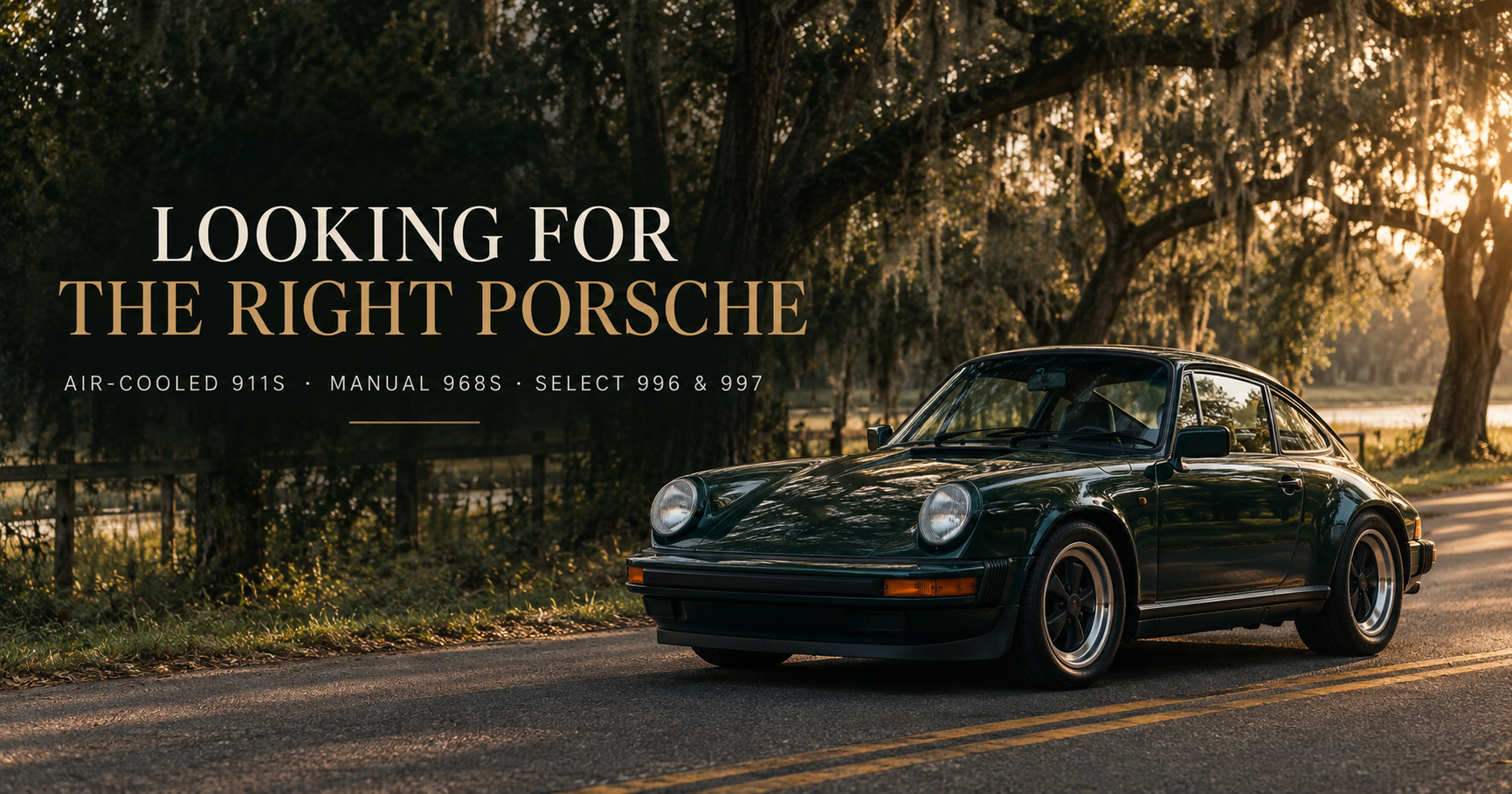 A classic air-cooled sports car beneath South Louisiana live oaks